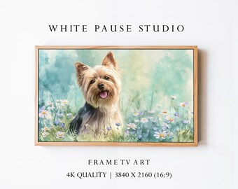 Watercolor Yorkshire Terrier Frame TV Art, Dog in Flower Meadow, Spring Pet Portrait