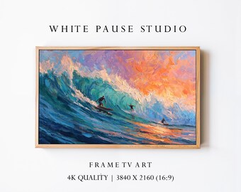 Palette Knife Surfing Oil Painting, Ocean Wave Art for Samsung Frame TV 4K