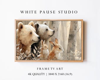 Woodland Animals 4K, Bear Family Nursery Wall Art, Forest Animals Frame TV Decor