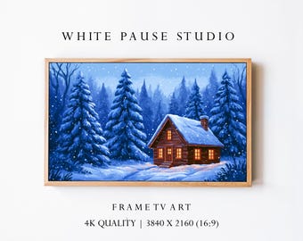 Winter Cabin Samsung Frame TV Art, Vintage Snowy Forest Oil Painting, 4K Download