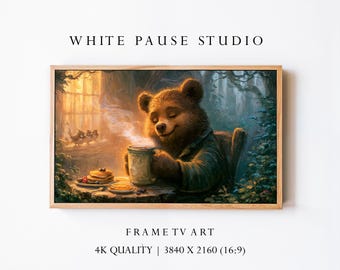 Cozy Bear Samsung Frame TV Art, Woodland Breakfast Oil Painting, 4K Download