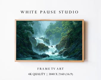 Green Waterfall Wall Art, Moody Nature Landscape, Samsung Frame TV Art Instant JPG