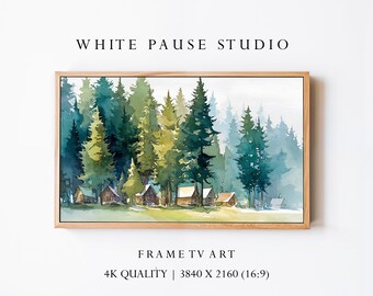 Watercolor Pine Forest & Cabins Art for Samsung Frame TV 4K Digital Desktop Wallpaper