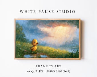 Cute Duckling Samsung Frame TV Art, Vintage Rainy Meadow Oil Painting, 4K Download