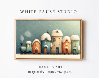 Children’s Winter Train Art 4K, Samsung Frame TV Decor, Whimsical Snow Village