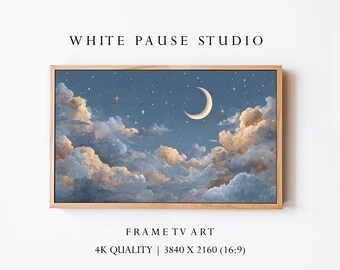 Crescent Moon Night Sky Art 4K, Starry Cloudscape, Samsung Frame TV Dreamy Wall Decor