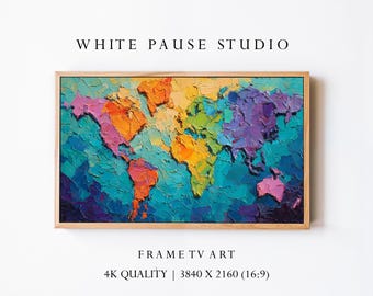 Colorful World Map Frame TV Art, Abstract Travel Wall 4K Samsung The Frame