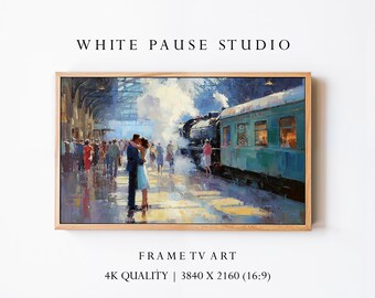 Romantic Couple Train Station Samsung Frame TV Art, Vintage Impressionist Oil Wallpaper 4K