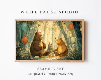 Bear Birthday Party Samsung Frame TV Art, Whimsical Forest Nursery Decor, Desktop Wallpaper