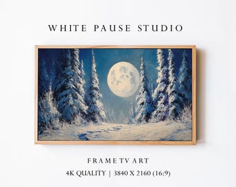 Full Moon Winter Forest Samsung Frame TV Art, Snowy Pine Landscape Desktop Wallpaper 4K