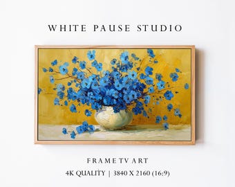 Blue Floral Vase Frame TV Art, Yellow Background Oil Painting JPG for Samsung