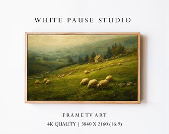 Vintage Sheep Landscape for Samsung Frame TV, Moody Pastoral Oil Painting, Cottagecore Art