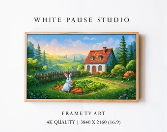 Spring Bunny Samsung Frame TV Art, Cottage Garden Oil Painting, 4K Download