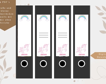 Folder spine labels - labels to insert for wide + narrow folders with + without lines - Rainbow Unicorn - PDF Digital Download