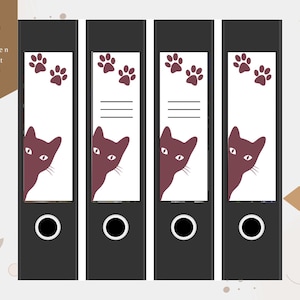 May include: Four printable PDF files for binder spine labels. Each label features a black and white silhouette of a cat's head peeking out from behind a burgundy paw print. The text "4 PDF's große und kleine Ordnerrücken jeweils mit oder ohne Striche" is at the top of the image.