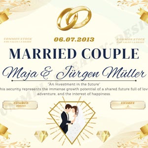 May include: A decorative certificate with gold accents and a navy blue border. The text reads "Married Couple" with the names Maja & Jürgen Müller and the date 06.07.2013. Includes a graphic of a couple and wedding rings.