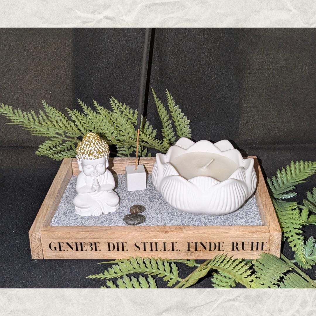 Zen Garden Desk Set – Wooden Tray with Buddha, Lotus Flower & Incense – Promotes Calm and Concentration – Ideal for Office and Home