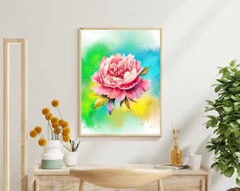 Digital download Pink Rose Green Splash wall art, rose flower wall art, pink rose art, digital flower picture, rose picture, flower wall art