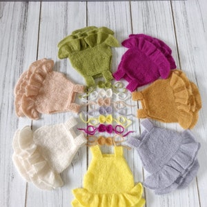Newborn knitted girl&#39;s rompers and headband set. Baby girl ruffle romper. Newborn photography props. summer knitted baby girl shooting cloth
