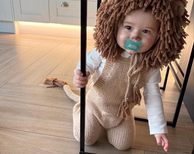 Knitted lion hat and overalls set. Newborn lion outfit. Addult lion hat.One-year knitted lion costume. Halloween costume. baby gift