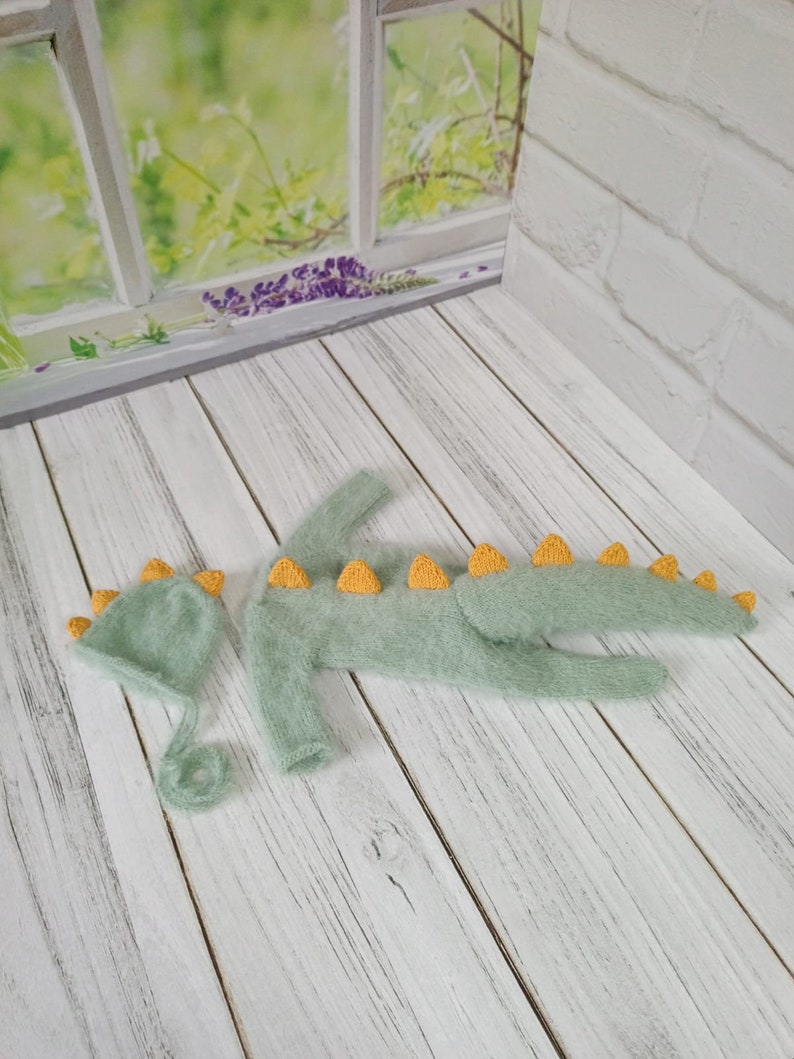 May include: A green knitted baby dinosaur costume with a matching hat. The costume has yellow spikes and a fuzzy texture.
