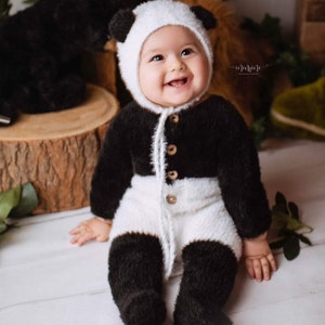 Newborn knitted panda outfit Panda toy Panda hat overalls and toy set baby photo props Gift for mother Halloween costume Easter costume Gift