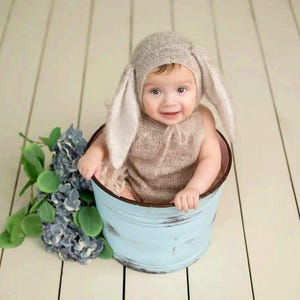 Handmade bunny ear romper and hat set / Newborn knitted bunny romper set/ 1 year old knitted bunny outfit /Easter outfit / Halloween costume
