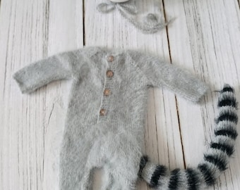 Ensemble bébé raton laveur tricoté et bonnet Accessoires pour nouveau-né Tenue de raton laveur Salopette de raton laveur Chapeau de raton laveur Queue de raton laveur Costume d'Halloween pour bébé