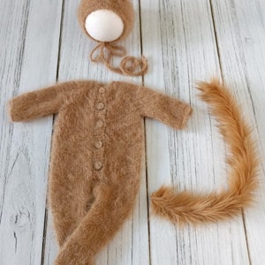 May include: A brown knitted baby outfit with a matching hat and tail. The outfit has a button closure down the front and the hat has furry ears.