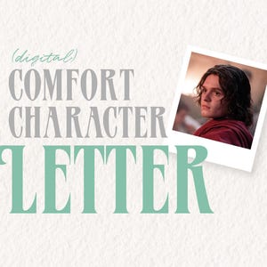 Könnte beinhalten: Digitales Produktbild mit dem Text "COMFORT CHARACTER LETTER" in Grau und Türkis. Ein Foto einer Person in einem roten Hemd befindet sich in der oberen rechten Ecke. Der Hintergrund ist strukturiert und cremefarben.