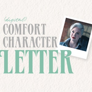 Puede incluir: Imagen de un producto digital con el texto "COMFORT CHARACTER LETTER" en gris y turquesa. Una foto de una mujer con cabello blanco y lápiz labial rojo está en la esquina superior derecha.