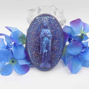 Mini Virgin Mary Shrine - Wall Hanging Oval Shrine - Purple Virgin Mary - Small Spaces Shrine - Handmade Shrine - Spiritual Gift