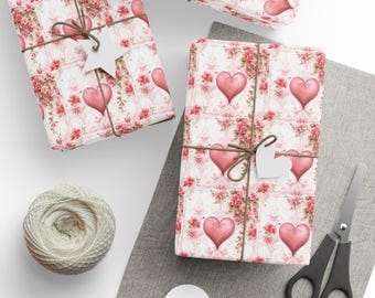 Watercolor Heart Floral Wrapping Paper - Love, Valentine's Day Gift Wrap - Special Occasion Gift Wrap - 3 Sizes - Glossy or Matte