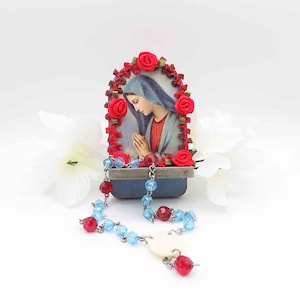 Mini Virgin Mary Rosary Holder - Shrine Altar Wall Hanging - Religious Home Decor - Confirmation Gift - Gift for Him, Her - Handmade