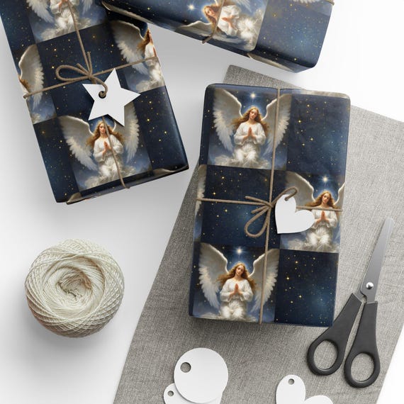 Celestial Praying Angel Gift Wrapping Paper - Spiritual, Religious Gift Wrap Paper - Special Occasion Gift Wrap - 3 Sizes - Glossy or Matte