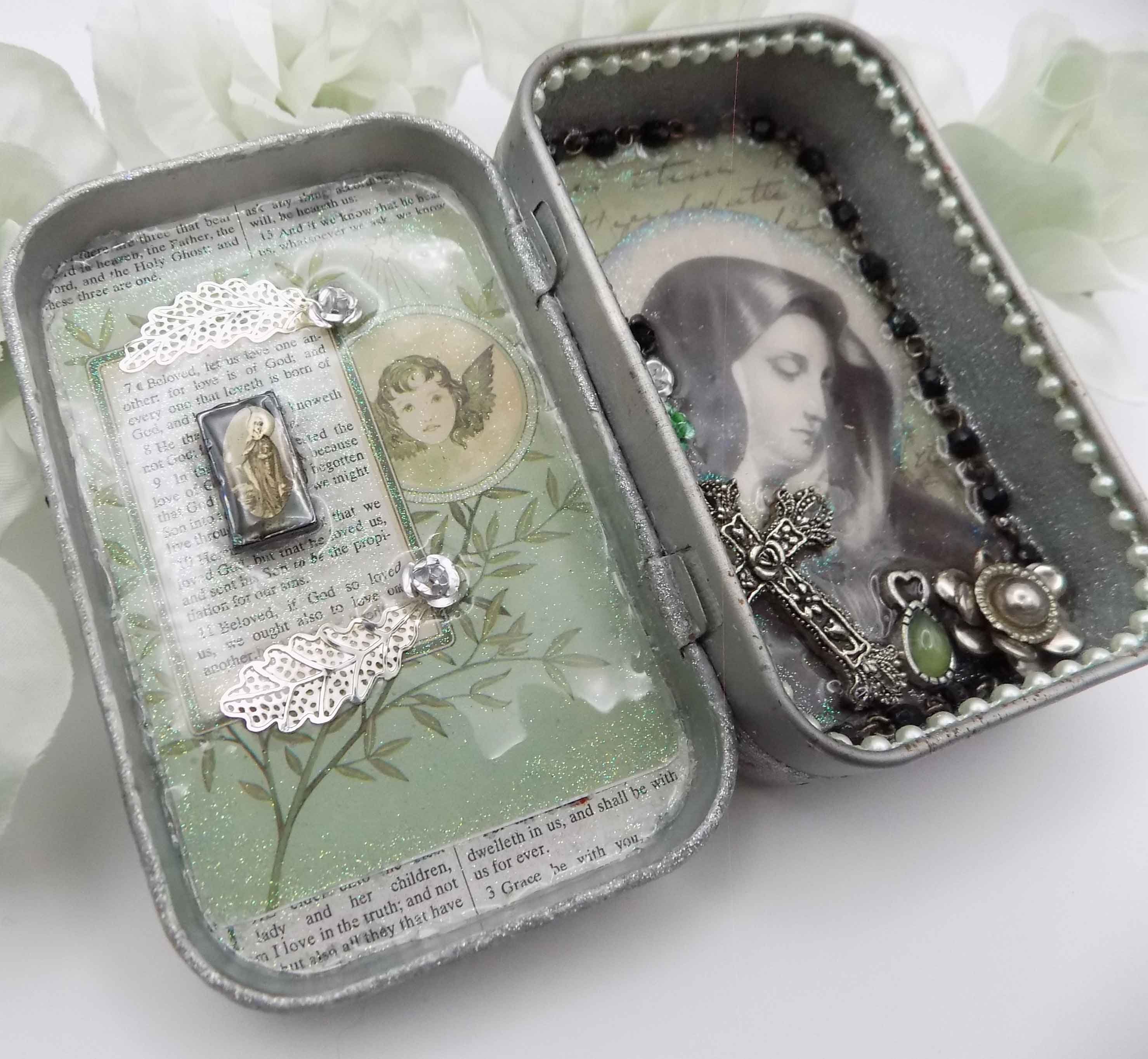 Virgin Mary Tin Art Shrine Altered Art Tin Spiritual, Religious Tin Art