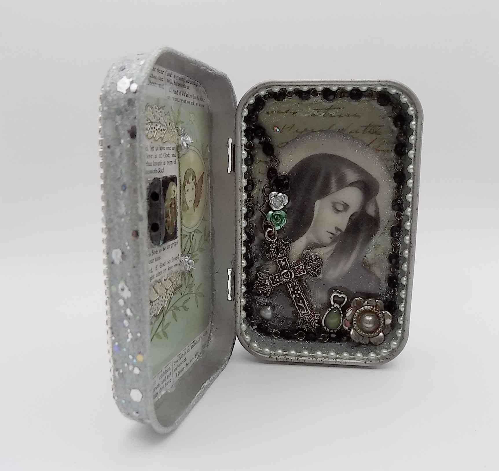 Virgin Mary Tin Art Shrine Altered Art Tin Spiritual, Religious Tin Art