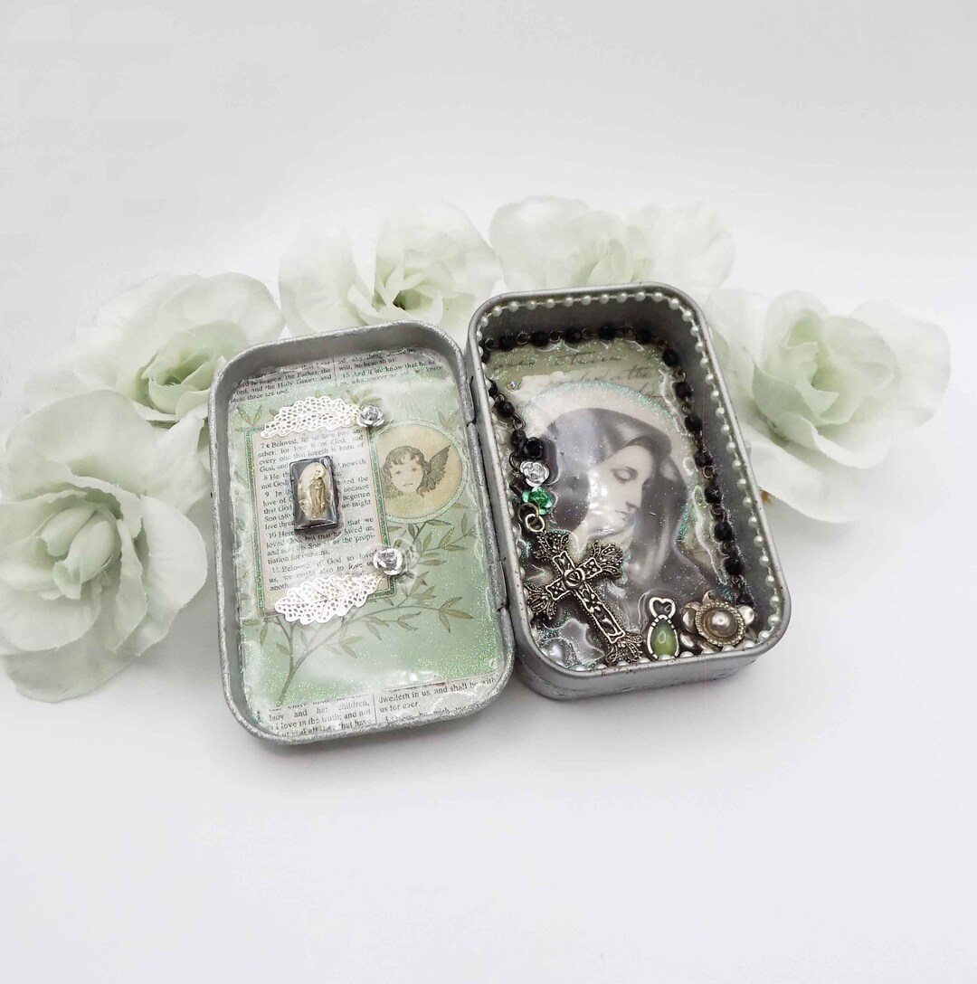 Virgin Mary Tin Art Shrine Altered Art Tin Spiritual, Religious Tin Art