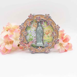 Virgin Mary Mini Shrine - Enamel Frame, Table Top Shrine, Altar - Religious Home Decor - Handmade Assemblage Art - OOK