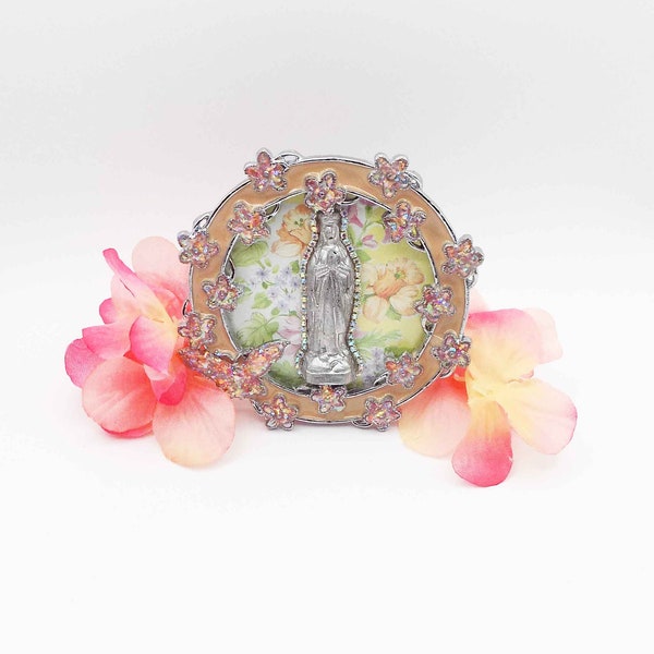 Virgin Mary Mini Shrine - Enamel Frame, Table Top Shrine, Altar - Religious Home Decor - Handmade Assemblage Art - OOK