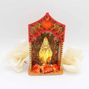 Virgin Mary Wood Shrine, Niche - Flaming Heart Shrine - Table Top or Wall Hanging - Religious, Spiritual Home Decor - Mini Handmade Shrine