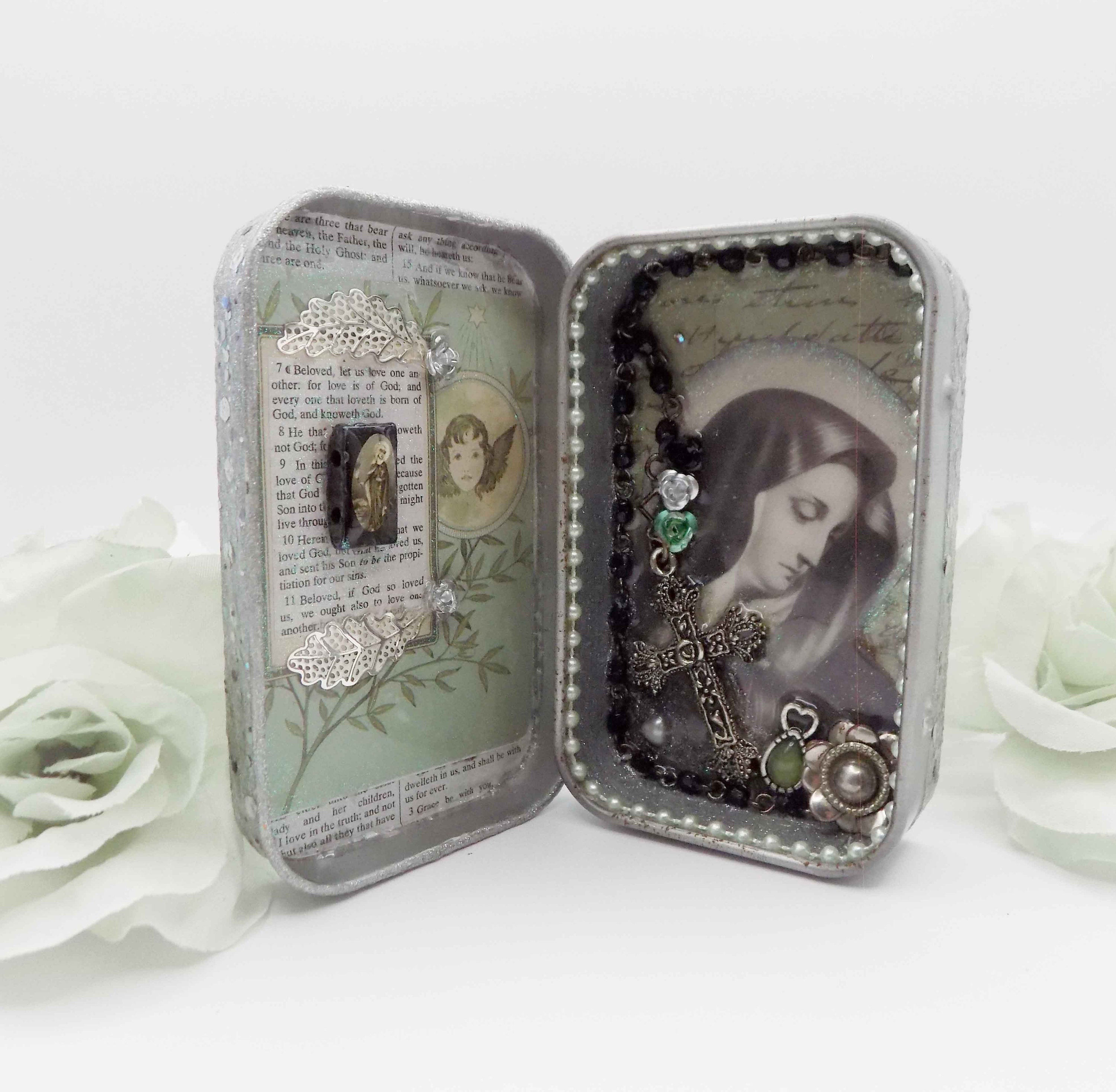 Virgin Mary Tin Art Shrine Altered Art Tin Spiritual, Religious Tin Art