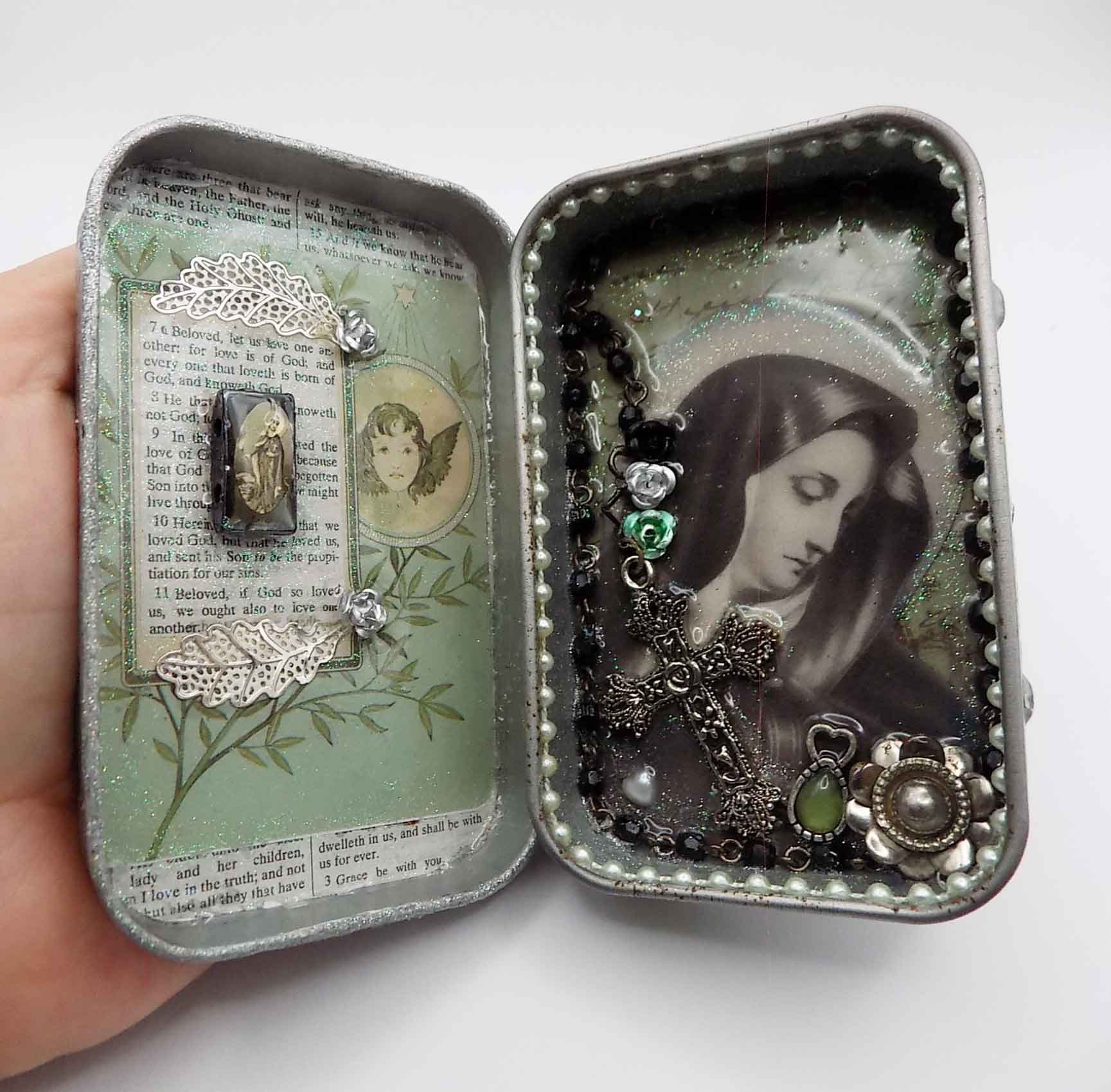 Virgin Mary Tin Art Shrine Altered Art Tin Spiritual, Religious Tin Art