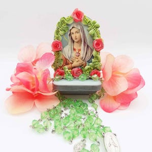Mini Virgin Mary Rosary Holder - Shrine Altar Wall Hanging - Religious Home Decor, Confirmation Gift - Gift for Her - Handmade - Peach Roses