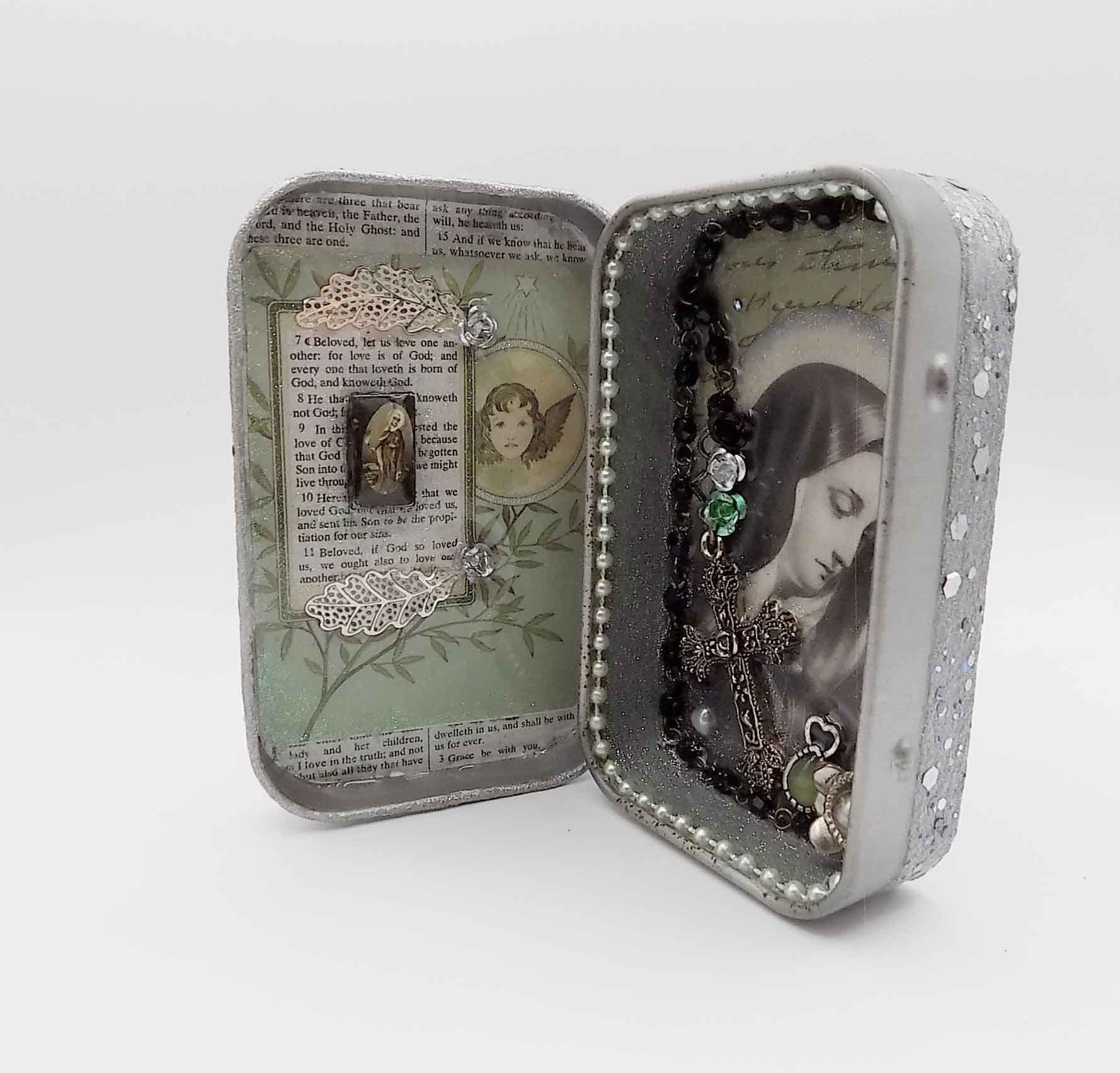 Virgin Mary Tin Art Shrine Altered Art Tin Spiritual, Religious Tin Art