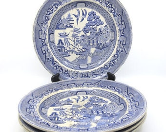 Set Of 4 19C Staffordshire Blue Willow Dinner Plates Wileman Foley John Meir