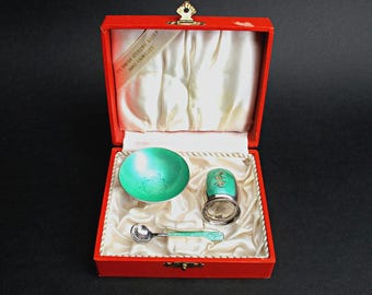 Volmer Bahner Denmark Enameled Sterling Guilloche Salt Dip Spoon & Pepper Shaker