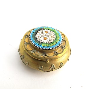 Antique Italian Brass ~2" Micro Mosaic Millefiori Trinket Box Patch Snuff Pill