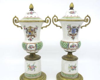 FERDINAND BING Early 20c French Gilt Bronze & Porcelain Pair Lidded Urns Lamps