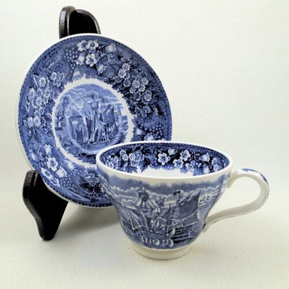 FERRARA BLUE by WEDGWOOD Pair of Cups and Saucers Ships Harbor